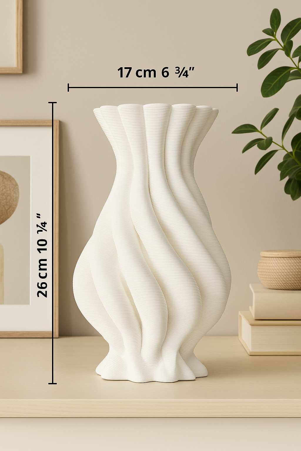 White textured vase with dimensions displayed on a neutral background